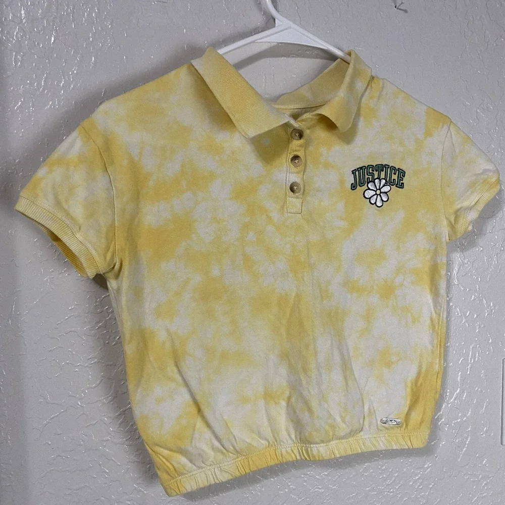 Justice Girls Yellow Tie Dye Crop Polo Shirt Daisy Logo Short Sleeve Top
